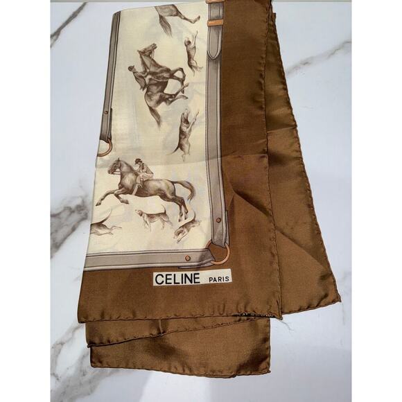 Celine Paris Equestrian Print Silk Scarf in Brown